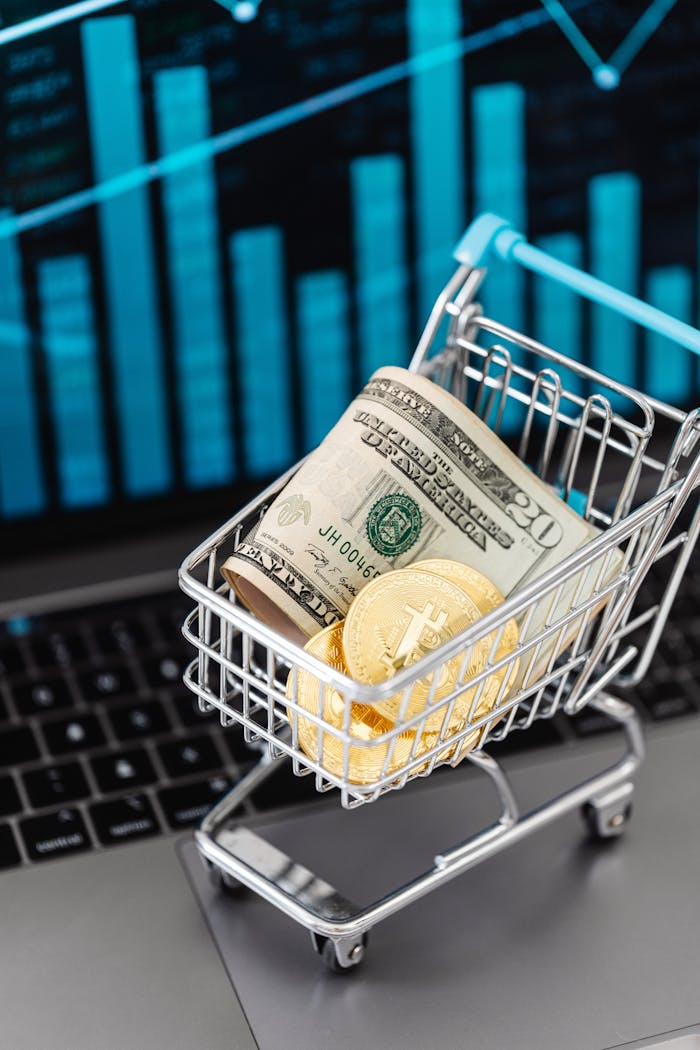 Home Shopping cart with bitcoin and cash on laptop with financial graph backdrop.